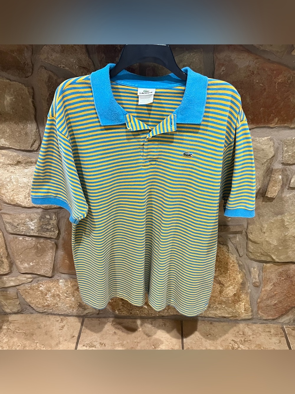 Vintage Lacoste Logo Striped Polo Shirt Men 2XL Aqua Blue & Golden Yellow